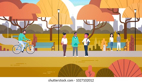 Outdoor Park Activities, People Relaxing In Nature Walking Riding Bicycle And Communicating Flat Vector Illustration