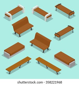 Outdoor park bench. Wooden bench isolated on background. Isometric  vector illustration in flat style.