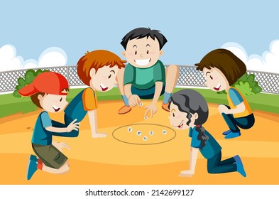 Outdoor park with children playing marbles illustration