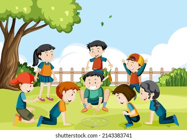 Outdoor park with children playing marbles illustration