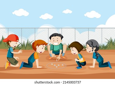 Outdoor park with children playing marbles illustration