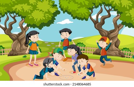 Outdoor park with children playing marbles illustration