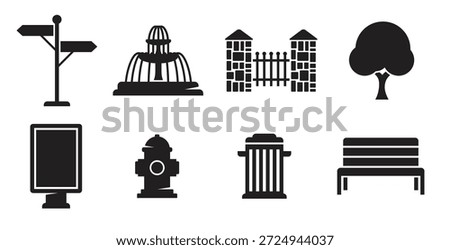 outdoor park elements icons set black on a white bacground