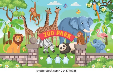 Entrada al parque al aire libre con matorrales verdes. Animales zoológicos. Pandas, jirafas, elefantes, cebras, elefantes, pingüinos, monos, loros, flamencos al estilo de dibujos animados para los niños. Ilustración vectorial de dibujos animados. 