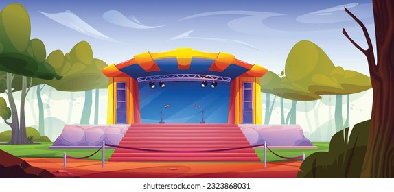Outdoor park festival music concert stage vector background. Open air live comedy party in summer. Comedian entertainment show with microphone and projector design in forest scene illustration