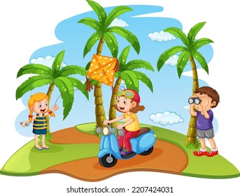 Outdoor park with happy children  illustration