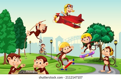 Outdoor park with little monkeys doing different activities illustration