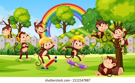 Outdoor park with little monkeys doing different activities illustration