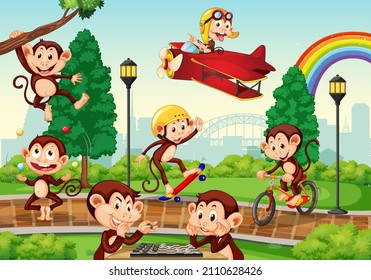 Outdoor park with many monkeys doing different activities illustration
