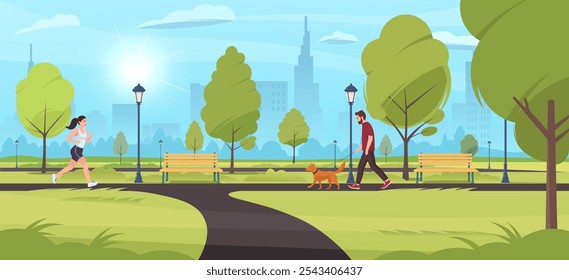 Outdoor park scene with jogger and dog walker enjoying a sunny day. Vector illustration