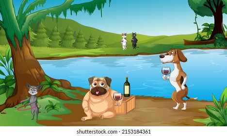 Outdoor park scene with many dogs illustration