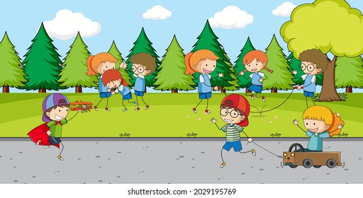 Outdoor park scene with many kids illustration