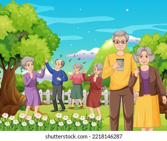 Outdoor park with senior people illustration