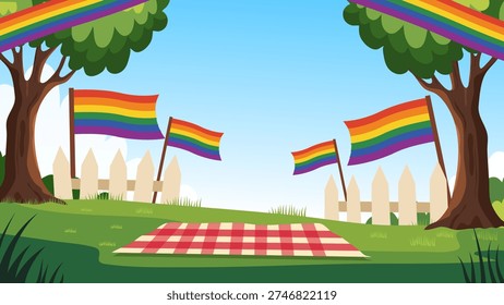 outdoor park setting with picnic blanket and rainbow pride flags among trees