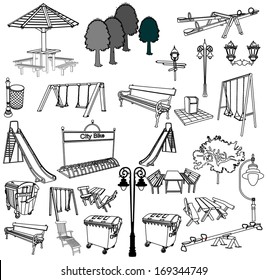 Outdoor park vector elements isolated on white background. Group of playground objects illustration. 