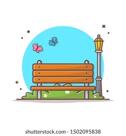 Outdoor Park Vector Icon Illustration. Park Bench And Lamp, Grass, Flowers, Butterfly Icon Concept White Isolated. Flat Cartoon Style Suitable for Web Landing Page, Banner, Sticker, Background