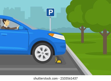 Outdoor parking lots with rubber wheel stoppers. Blue suv car driver is parking his car. Side view. Flat vector illustration template.