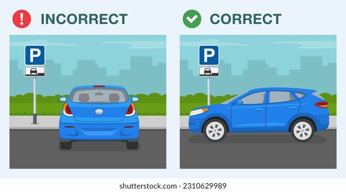 Outdoor parking rules. Back and side view of a correct and incorrect parked car in the 