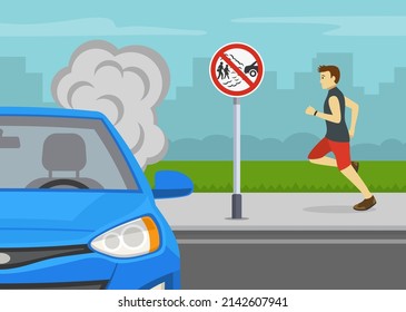 Outdoor parking rules. Close-up front view of a blue sedan car and "No idling, turn engine off" road or traffic sign. Idle-free zone. Flat vector illustration template.