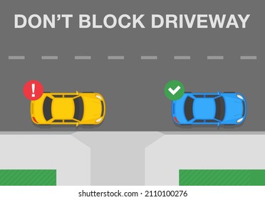 Outdoor parking rules. Correct and incorrect parking. Do not block driveway. Flat vector illustration template.