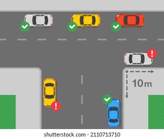 Outdoor parking rules. Correct and incorrect parking. Do not stop and park within 10 meters from the nearest point of an intersecting road. Flat vector illustration template.