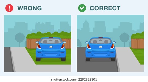 Outdoor parking rules. Correct and incorrect parking. Parking on the nature strip and roadside. Flat vector illustration template.