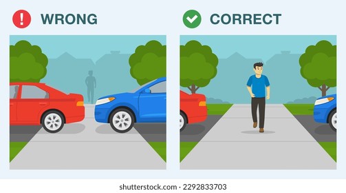 Outdoor parking rules. Correct and incorrect parking. Sidewalk access blocked by parked cars. Flat vector illustration template.