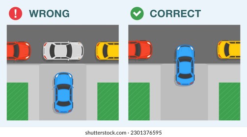 Outdoor parking rules. Correct and incorrect roadside parking. Legal and illegal parking. Blocked driveway. Top view. Flat vector illustration template.