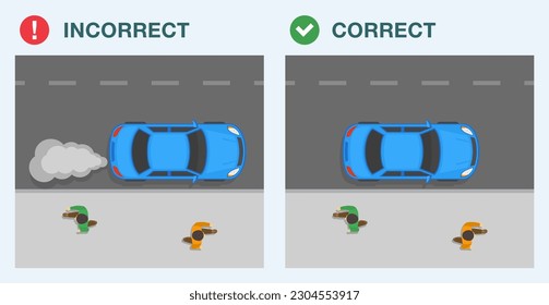 Outdoor parking rules. Correct and incorrect roadside parking. Top view of a blue car on "No idling" area. Flat vector illustration template.