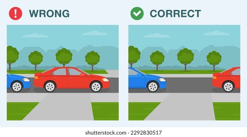 Outdoor parking rules. Correct and wrong parking. Do not park on or across a driveway or prevent access to a property. Flat vector illustration template.