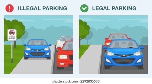 Outdoor parking rules. Illegal and legal parking. No vehicles on sidewalk traffic. Front view of a cars parked on sidewalk and roadside. Flat vector illustration template.