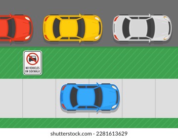 Outdoor parking rules. No vehicles on sidewalk traffic sign. Top view of a car parked on sidewalk. Flat vector illustration template.