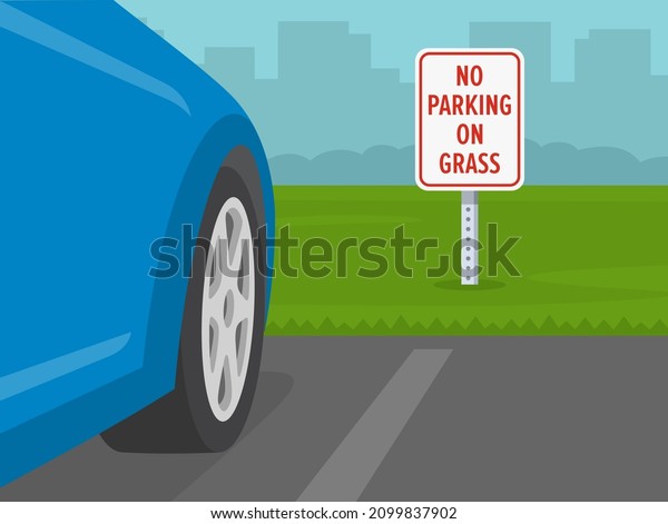 Outdoor parking rules. Perspective\
close-up view of a blue sedan car on a city parking beside \