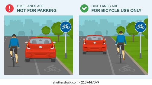 Outdoor parking rules and safe bicycle riding tips. Bike lanes are not for parking cars. Back view of a red sedan car parked on a bike lane. Do's and don'ts. Flat vector illustration template.