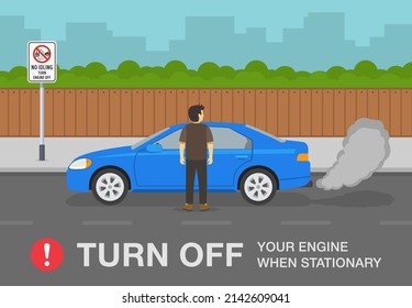 Outdoor parking rules. Side view of a blue sedan car and "No idling, turn engine off" road or traffic sign. Idle-free zone scene. Pollution and smoke from the exhaust of car. Flat vector illustration.