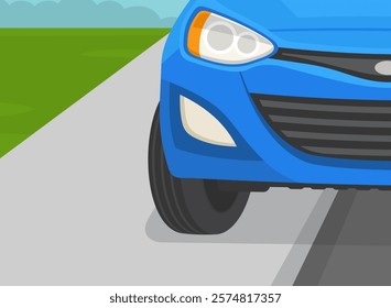 Outdoor parking rules and tips. Close-up of a blue car parked on pavement. Turned front wheels. Flat vector illustration template.