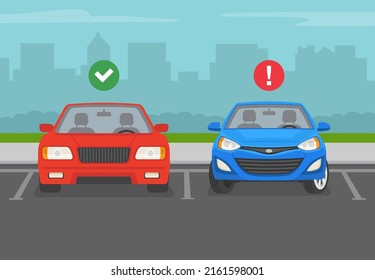 Outdoor parking rules and tips. Do not park your car with the wheels turned. Front view of correct and incorrect parked cars. Flat vector illustration template.