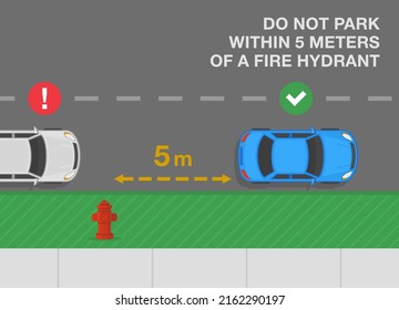 Outdoor Parking Rules And Tips. Do Not Park Within 5 Meters Of A Fire Hydrant. Top View Of Correct And Incorrect Parked Cars. Flat Vector Illustration Template.