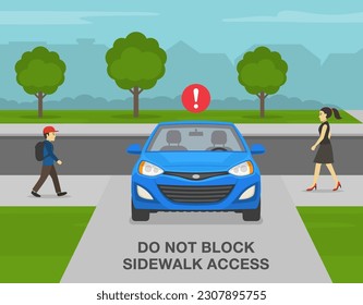 Outdoor parking rules and tips. Do not block sidewalk access when parking. Incorrect parked car in the driveway. Flat vector illustration template.