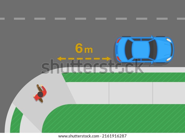 Outdoor parking rules and tips. Do\
not park within 6 meters from the end of a curb return. Top view of\
correct parked car. Flat vector illustration\
template.