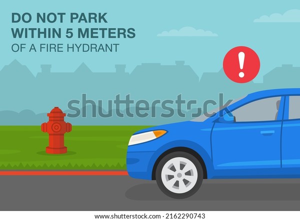 Outdoor parking rules and tips. Do\
not park within 5 meters of a fire hydrant. Side view of an\
incorrect parked suv car. Flat vector illustration\
template.