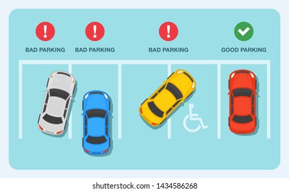 Outdoor parking rules and tips. Good and bad parking examples infographic. Flat vector illustration.