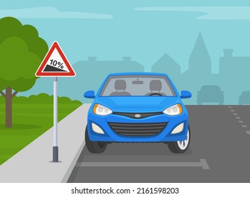 Outdoor parking rules and tips. How to park on a downhill. Turn your front wheels into the curb. Front view of a parked blue sedan car beside downhill sign. Flat vector illustration template.