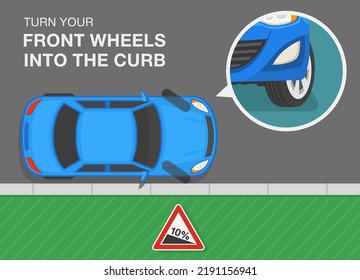 Outdoor parking rules and tips. How to park on a downhill. Turn your front wheels into the curb. Top view of a parked blue sedan car. Flat vector illustration template.