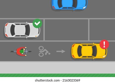 Outdoor parking rules and tips. No parking in bicycle lanes traffic or road rule. Top view of correct and incorrect parked cars. Flat vector illustration template.