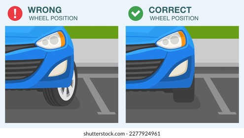 Outdoor parking rules and tips. Parked car with the wheels turned. Close-up of correct and incorrect wheel position. Flat vector illustration template.