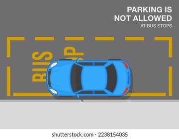 Outdoor parking rules and tips. Top view of an incorrect parked car. Parking is not allowed at bus stops. British traffic regulation. Flat vector illustration template.