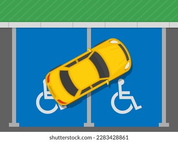 Outdoor parking rules and tips. Top view of an incorrect parked car. Keep clear wheelchair accessible vehicle space. Flat vector illustration template.