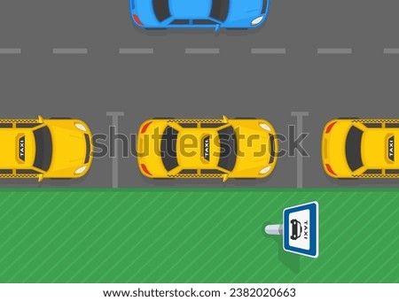 Outdoor parking rules and tips. Top view of a dedicated taxi parking lot with traffic sign. Flat vector illustration template.