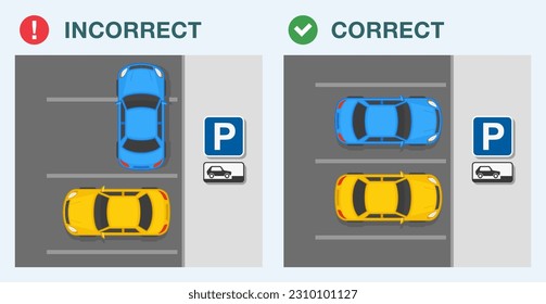 Outdoor parking rules. Top view of a correct and incorrect parked cars in the "forward parking only" area. Flat vector illustration template.